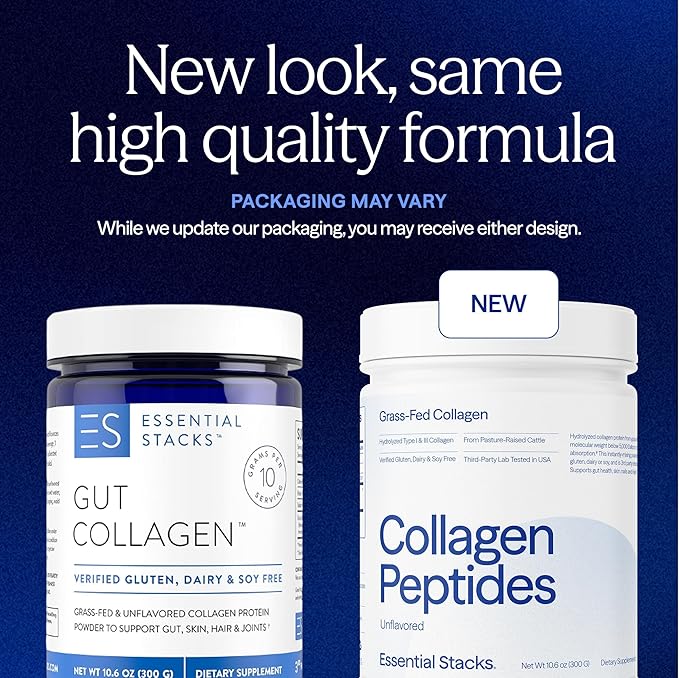 Essential Stacks Collagen Peptides Powder (from Grass Fed Cattle) - Gluten Dairy &amp Soy Free - Unflavored Hydrolyzed Collagen Supplement (10.6 oz)
