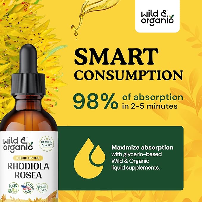 Wild &amp Organic Rhodiola Rosea Tincture - Mood Support - Relaxing Rhodiola Supplement - Root Extract Liquid Drops - Vegan Sugar &amp Alcohol-Free - 2 fl oz