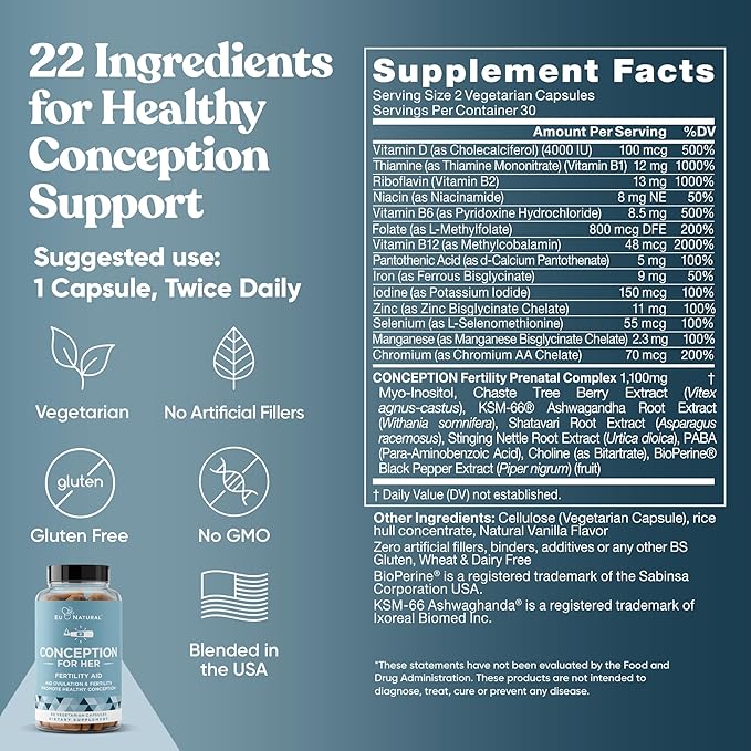 Eu Natural Conception for Her Fertility Supplements for Women - Ovulation Hormonal Balance &amp Regular Cycle Support - Myo-Inositol Folate Folic Acid &amp Vitex - 120 Vegetarian Capsules