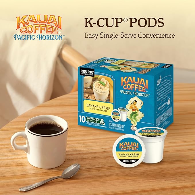 Kauai Coffee K-Cup Pods for Keurig Brewers – Arabica Coffee 10% Hawaiian – Medium Roast Banana Flavor with Creamy Vanilla – Banana Crème 1 Pack of 10 Single Serve K-Cups