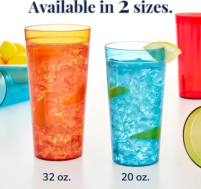 US Acrylic Cafe Plastic Reusable Tumblers (Set of 16) 20-ounce Water Cups Assorted Colors | Restaurant Style Drinking Glasses Value Set Stackable BPA-free Made in the USA | Top-rack Dishwasher Safe