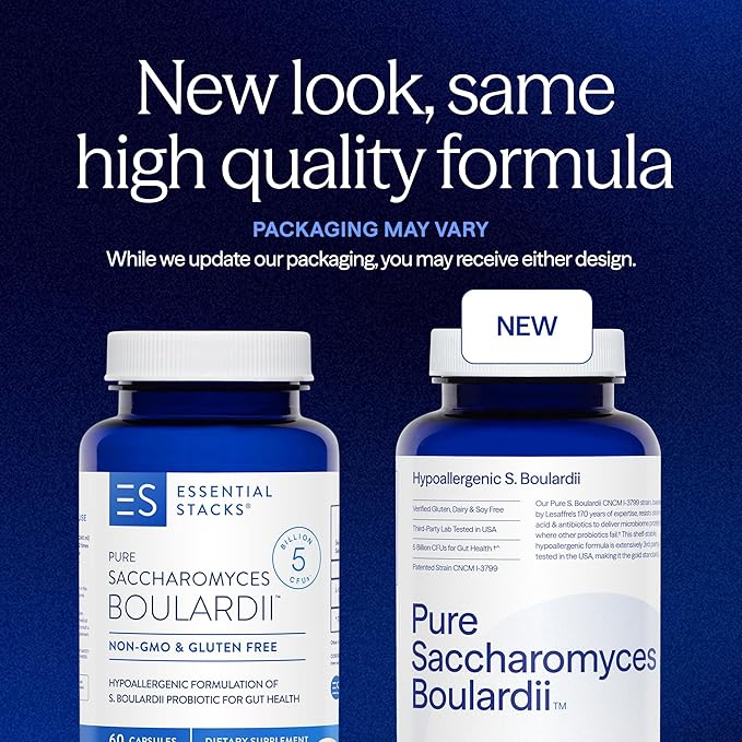 Essential Stacks Saccharomyces Boulardii Probiotics (Non-GMO &amp Gluten Free) - 5 Billion CFUs for Gut Health (60 Capsules)