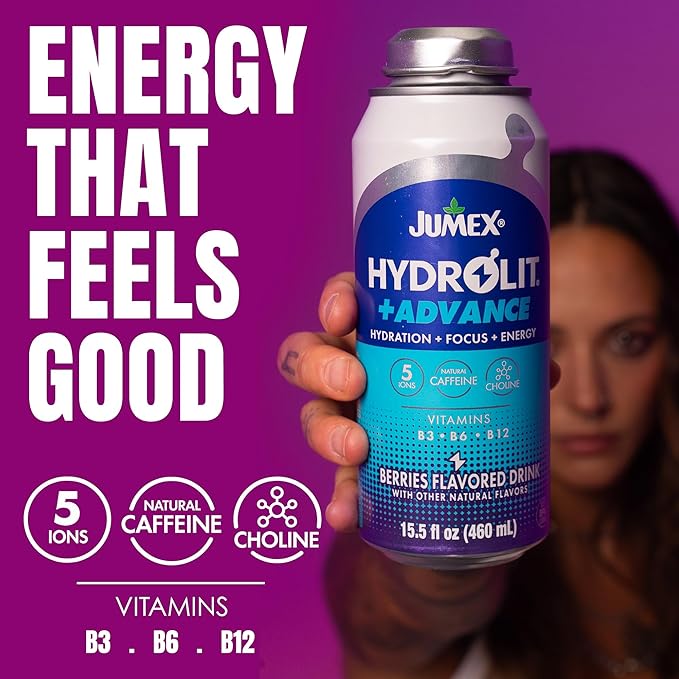 Jumex Hydrolit +Advance Hydration Energy Drinks - 90 Calorie Blueberry Sports Drinks - Non Carbonated Electrolyte &amp Vitamin Water with Ions Choline B3 B6 B12 &amp Natural Caffeine - 15.5oz 1