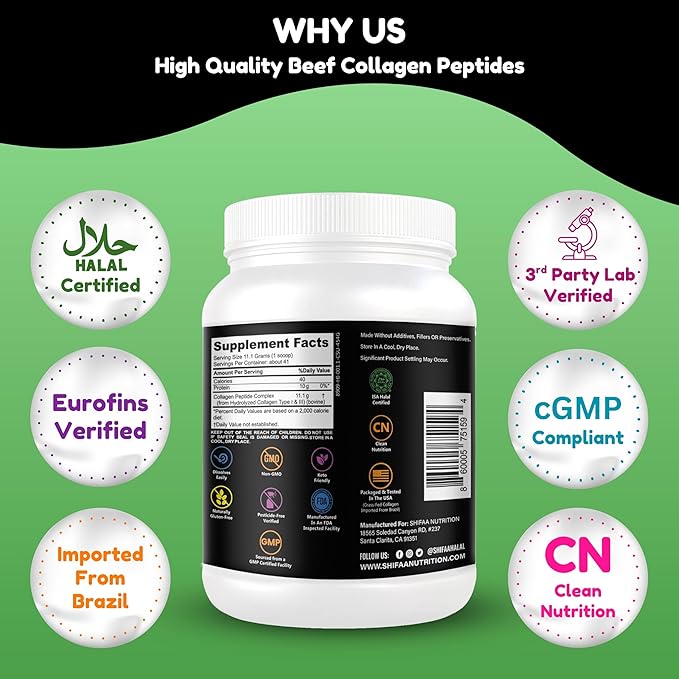 Halal &amp Grass Fed Collagen Peptides Powder 1 lb. 16oz Unflavored Hydrolyzed Collagen Peptides Powder Type I &amp Type III for Hair Skin Nails &amp Joints | Keto &amp Paleo Friendly | Sugar &a