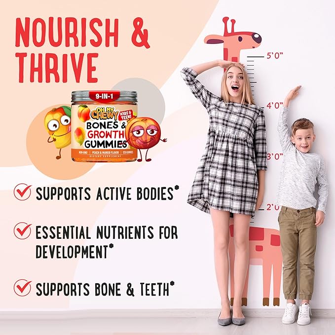 Height Growth Vitamin Gummies for Kids &amp Teens - Growing Up and Bones Support for Supplement with Calcium Zinc Vitamin D3 K2 Spirulina and Astragalus – Peach &amp Mango 60 CT