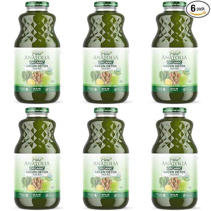 Organic Green Detox Juice by Pure Anatolia Apple Spinach Lemon Ginger mix juice USDA Organic Fruit and Vegetables Juice Vegan No added Sugar Pack of 6