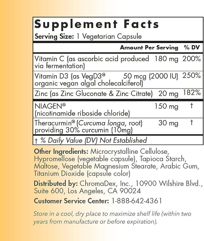 TRU NIAGEN Immune Support Supplement - Daily Defense Vitamin C from Fermentation Vegan Vitamin D3 2000 IU Zinc Plus Theracurmin (Curcumin) + Multi Award-Winning NAD Boosting Niagen 150mg 60ct