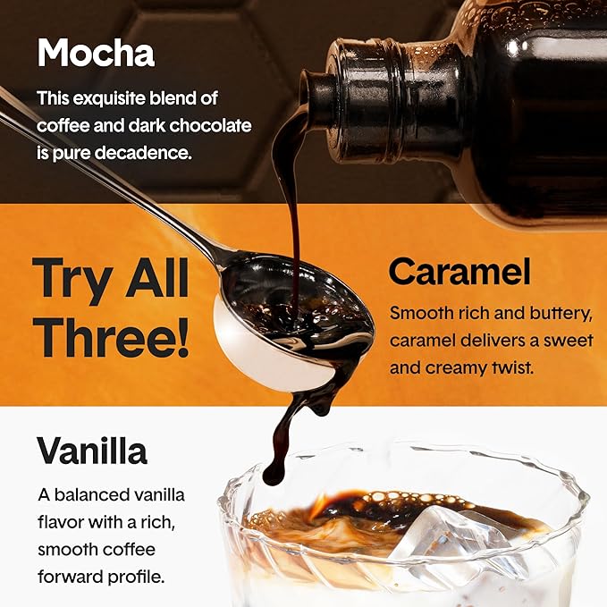 Jot Coffee Concentrate Trio (Caramel/Mocha/Vanilla 3pk) – High Caffeine Cold Brew Iced &amp Hot Coffee Instant Espresso – Makes 14 Cups Concentrated Coffees