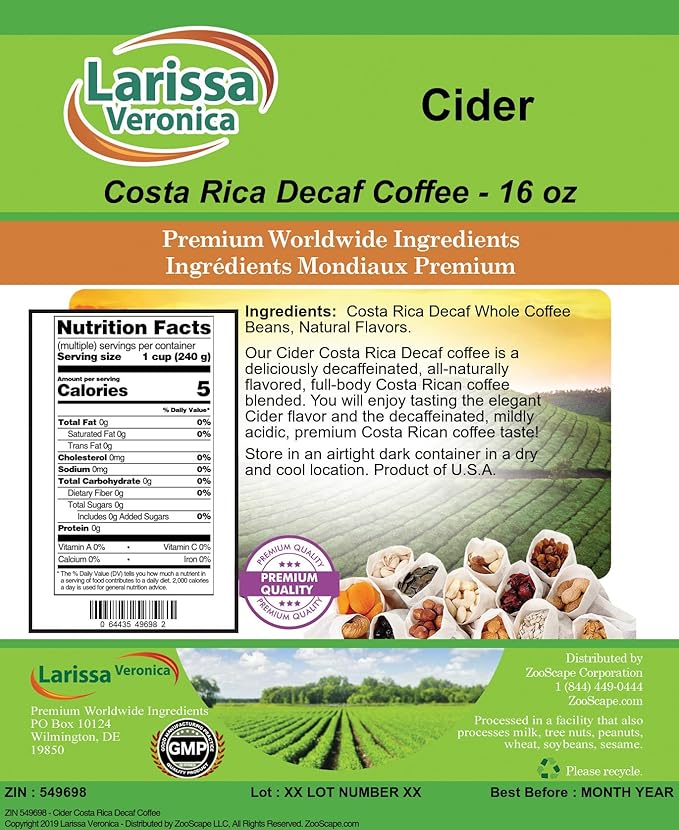 Cider Costa Rica Decaf Coffee (Gourmet Naturally Flavored Whole Coffee Beans) (16 oz ZIN: 549698) - 2 Pack