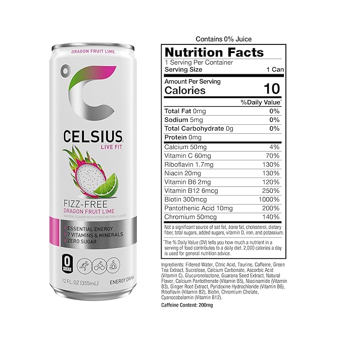 CELSIUS Fizz Free Dragon Fruit Lime Sugar Free Energy Drink 12 Fl Oz (Pack of 12)