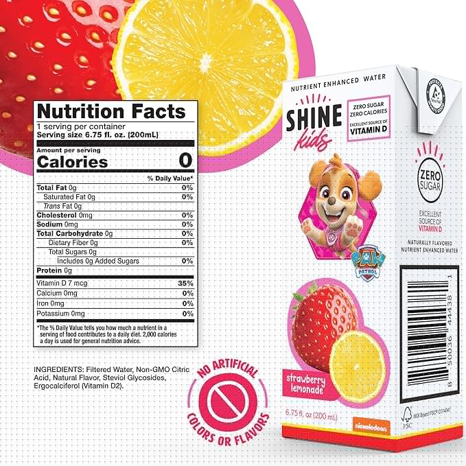 Shine Water x Paw Patrol Strawberry Lemonade Kids Juice Boxes with Vitamin D 32-Pack | No Added Sugar | Naturally Flavored Drinks for Kids | Vegan Gluten Free Zero Calorie Hydration