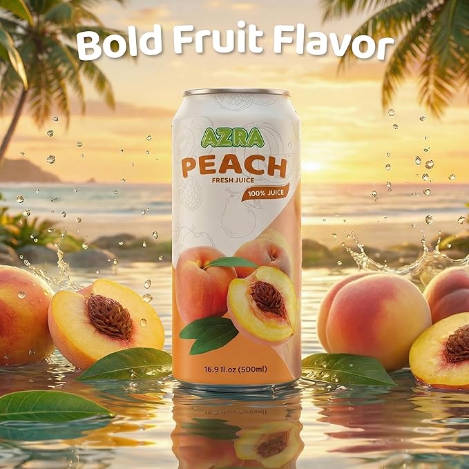 AZRA 100% Peach Juice 500 ml Can (Pack of 12) – Fresh Peach Fruit Juice Beverages No Added Sugar – Healthy Drinks for Adults and Kids – Real Fruit Juice Variety – 100 Percent Juice 16.9 fl oz