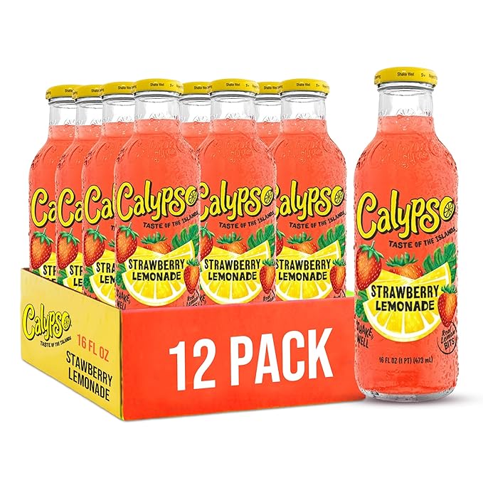 Calypso Lemonade Strawberry Lemonade Made with Real Fruit 16 Fl Oz Glass Bottles (Pack of 12)