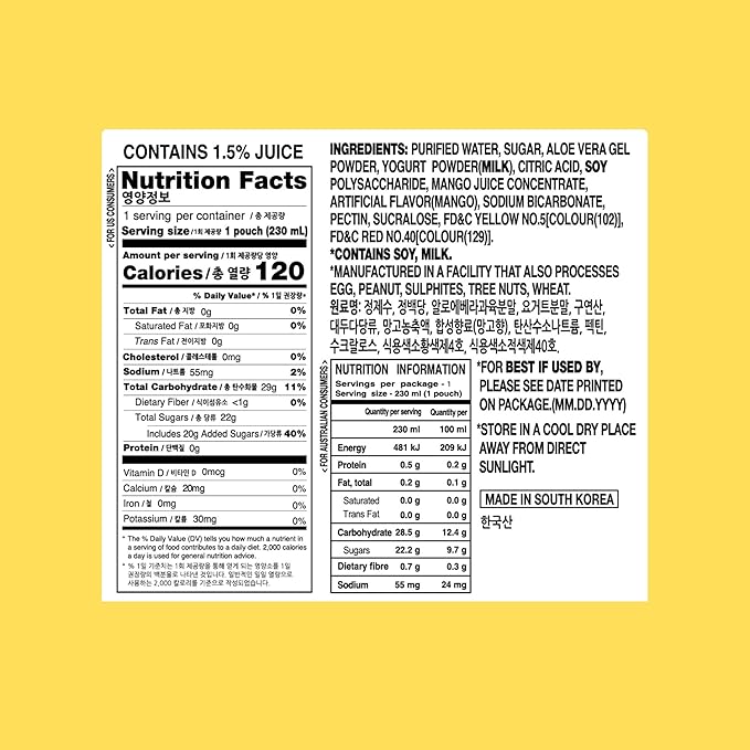 Yogo Vera Mango Ade Korean Drink Pouches – Authentic Korean Convenience Store Beverage with Sweet Mango Flavor Refreshing Juice Pouch (10 Pack)