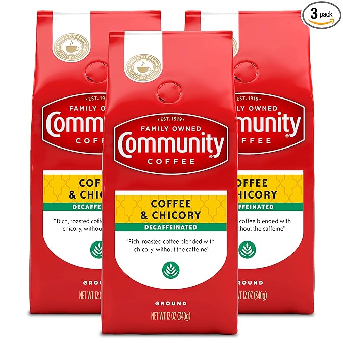 Community Coffee Coffee and Chicory Decaf 36 Ounces Medium Dark Roast Ground Coffee 12 Ounce Bag (Pack of 3)