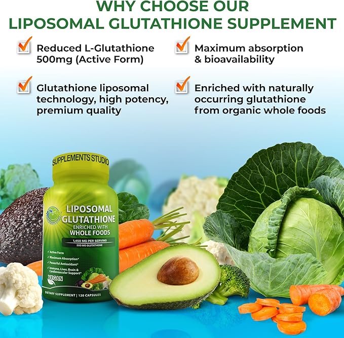 Liposomal Glutathione 500mg - Active Form L Glutathione (Reduced) for Maximum Absorption - Made with Organic Whole Foods - Master Antioxidant &amp Detoxifier - Immune &amp Cardiovascular Support - 1