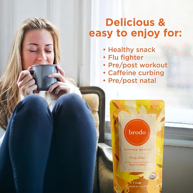 Brodo Deeply Rooted Organic Chicken Broth with Turmeric &amp Ginger Nutrient-Rich Chicken Bone Broth Organic High in Protein and Collagen for Wellness and Cooking (6x 8.3 oz. Pouches)