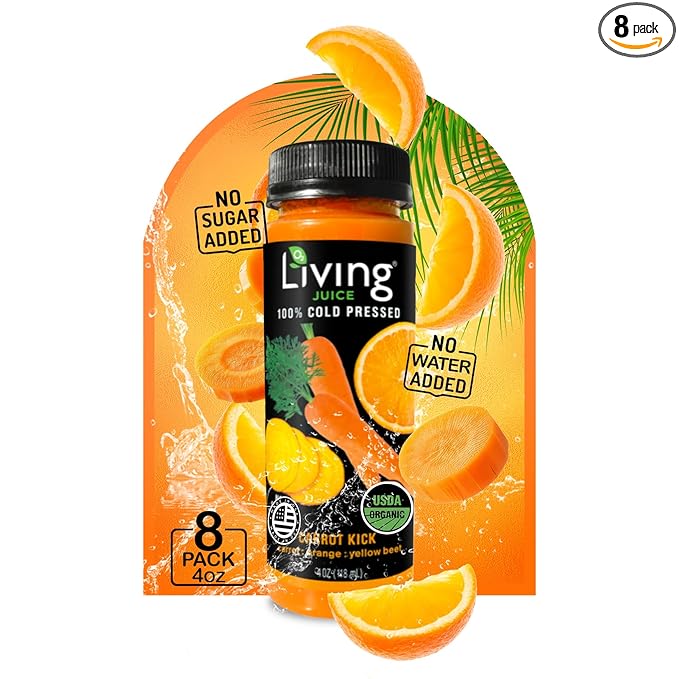 O2 Living Carrot Kick Mini Organic Cold Pressed Juice | Refreshing Carrot Orange &amp Yellow Beet Juice for Quick Wellness Boost | No Added Sugar or Water | Natural Sweetness | Non-GMO | 4 oz 8-Pac