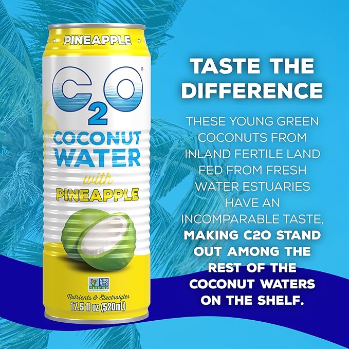 C2O - Coconut Water with Pineapple (12 Pack) - Made with Fresh Coconut Water - Plant Based - Non GMO - Canned Water - Natural Hydration Essential Electrolytes &amp Potassium - 12 Cans 17.5 FL OZ