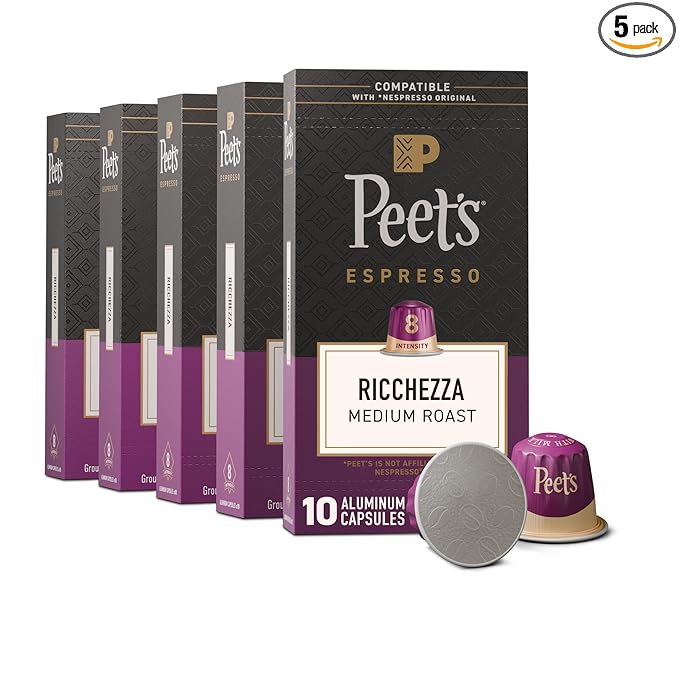 Peet's Coffee Medium Roast Espresso Capsules Compatible with Nespresso Original Machine 100% Arabica Coffee - Ricchezza Intensity 8 50 Count (5 Boxes of 10 Espresso Capsules)