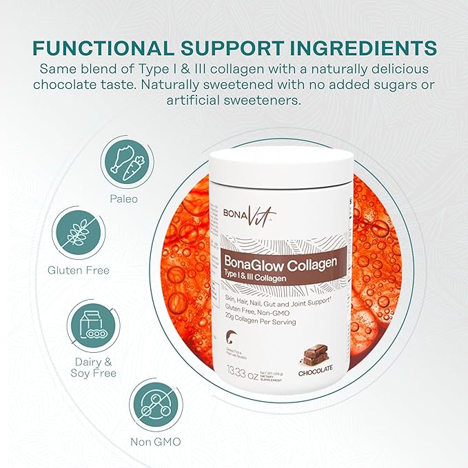 Collagen Peptides - Type I &amp III - Premium Hydrolyzed Collagen Powder - with Digestive Enzymes &amp Probiotics - High Dosis of Collagen &amp Protein - 14 Servings - BonaGlow Chocolate