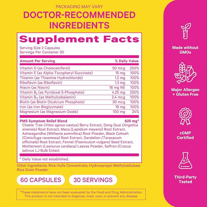 Pink Stork PMS Supplement for Women - Vitex Ashwagandha Maca Root &amp 10 Vitamins &amp Minerals to Support Hormone Balance Mood Bloating Period Regularity - 60 Capsules