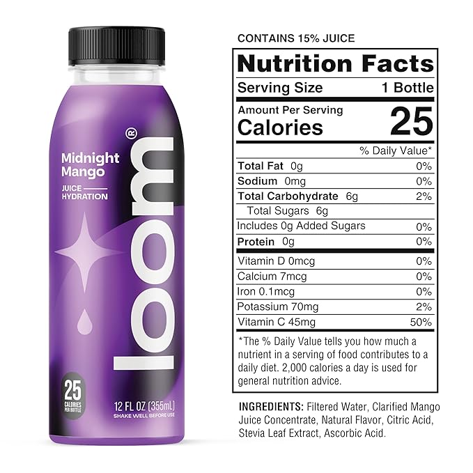 Midnight Mango Juice Drinks by Loom Low Sugar Juice Real Fruit No Added Sugar Healthy Hydration 30 Calories 12 oz bottles 12 pack
