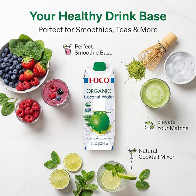 FOCO UHT Organic Coconut Water 33.8 Fl Oz Pack of 6 NON-GMO Never from Concentrate