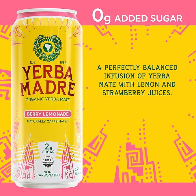Yerba Madre Organic Yerba Mate Low Sugar Berry Lemonade 150mg Natural Caffeine Energy Drink Alternative No Jitters or Crash 15.5 Oz (Pack of 12)