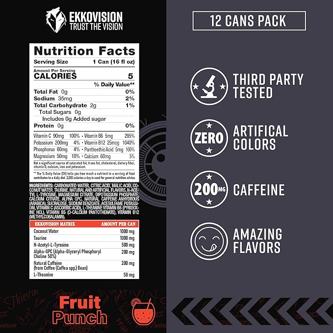 Ekkovision Energy Drink Variety Pack 200 MG Natural Caffeine With Coconut Water L Theanine Alpha Gpc &amp L Tyrosine For Balanced Energy Electrolytes &amp Smooth Hydration 16 Fl Oz Can 12 Pac