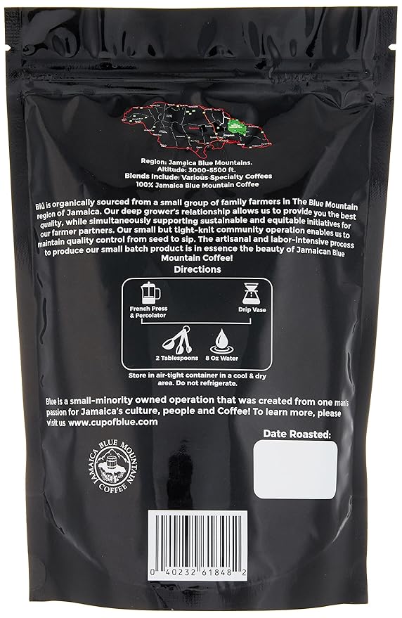 Roasted to Order! - Blú - Jamaica Blue Mountain Coffee ''Pure Vibes'' Ground Blend/Medium Roast (Jamaican Brazilian Colombian &amp Ethiopian)