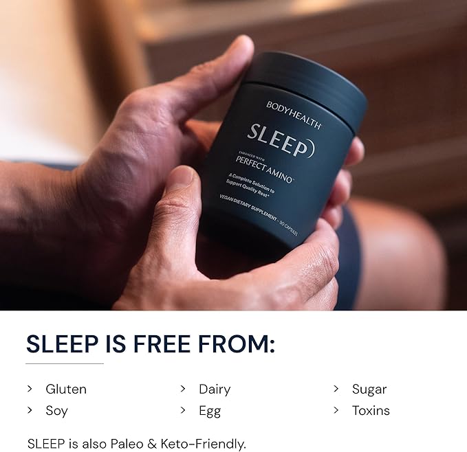 BodyHealth Sleep Sleep Aid and Supplement for Adults with 3 mg Melatonin Non-Habit Forming Pills Enhanced with PerfectAmino - 90 Capsules