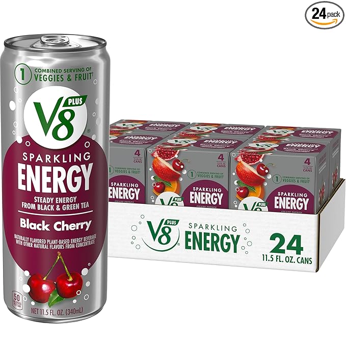 V8 +ENERGY Black Cherry Energy Drink Made with Real Vegetable and Fruit Juices 11.5 FL OZ Can 4 Count (Pack of 6)