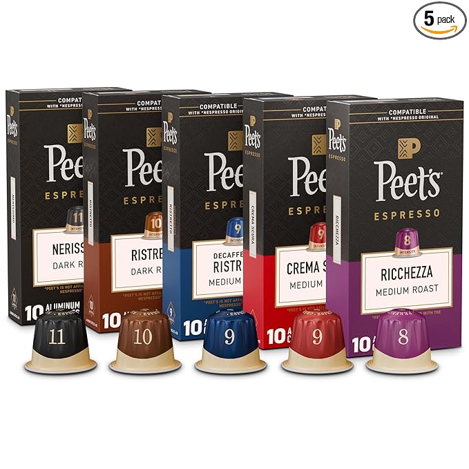 Peet's Coffee Dark and Medium Roast Espresso Capsules Variety Pack with Decaf Compatible with Nespresso Original Machine Arabica Coffee - Intensity 8-11 50 Count (5 Boxes of 10 Espresso Capsules)