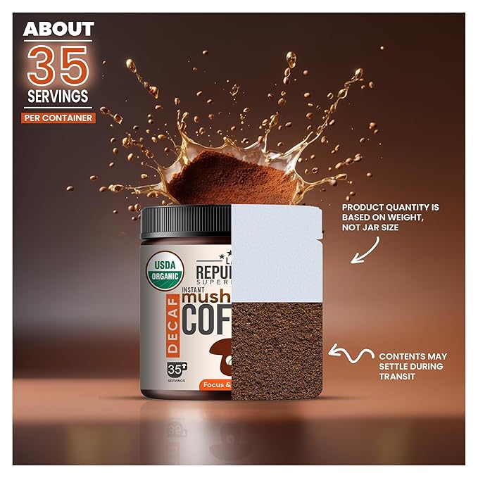 La Republica Organic Instant Mushroom Coffee (2.5oz) + Decaf (2.5oz) - 70 Servings with Coasters &amp Mixing Spoon - 100% Arabica with Lion's Mane Reishi Chaga Cordyceps Shiitake Maitake Turkey