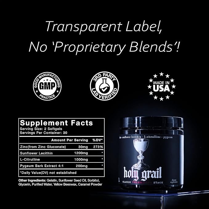 Holy Grail - Classic Semen Volume Booster Stack | Softgel = Higher Bio-Availability | Men's Load &amp Fertility Enhancer | Sunflower Lecithin Pygeum L-Citrulline &amp Zinc for Testosterone | One