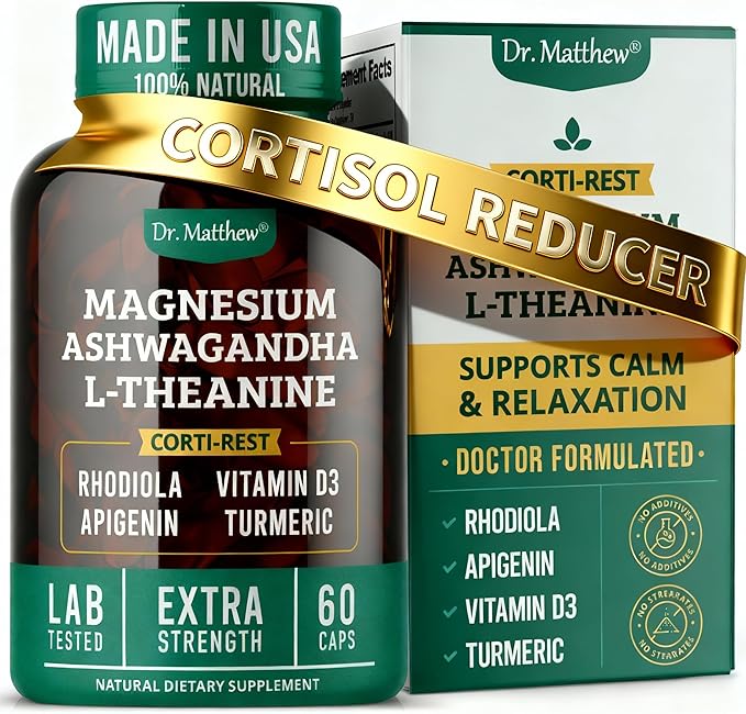 Cortisol Reducer &amp Adrenal Support Supplement–Natural Stress Relief with Ashwagandha KSM-66 Magnesium Glycinate &amp Citrate L-Theanine Rhodiola Apigenin Turmeric &amp Vitamin D3–Calm Mood
