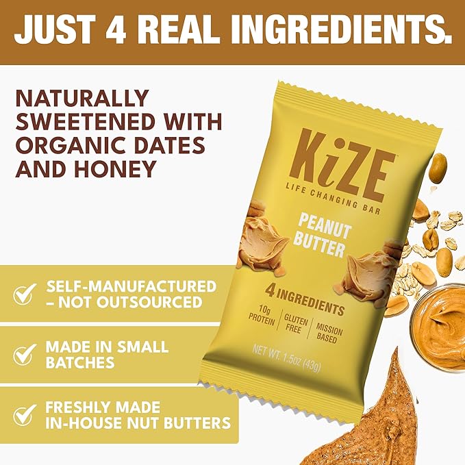 KiZE Energy Bars - Peanut Butter - 30-Count - Gluten Free Non-GMO and High Protein Meal Replacement Energy Bars Clean and Simple Food Ingredients - 10g High Protein Snacks (30 Count)