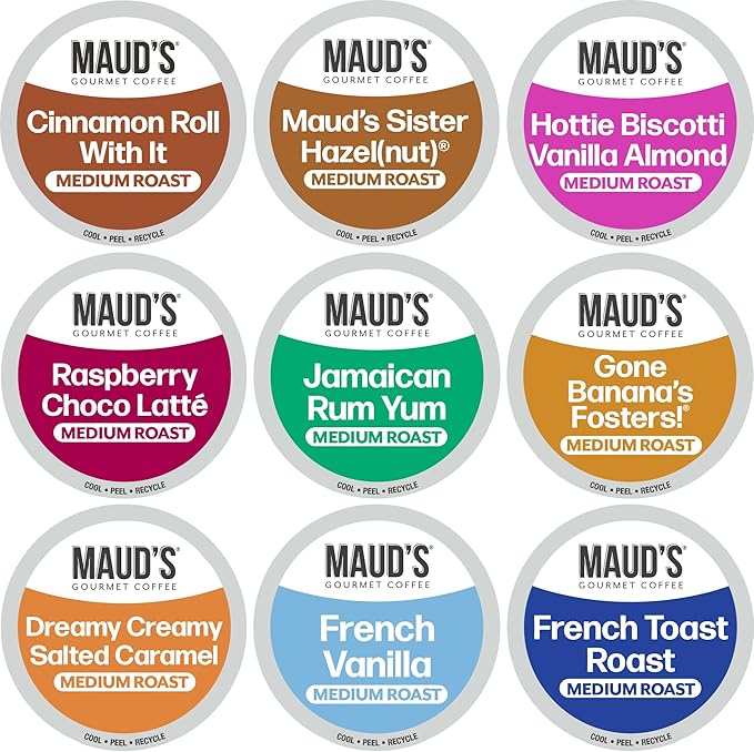 Maud's Flavored Coffee Pods Variety Pack 40 ct 9 Assorted Flavors Medium Roast Flavored Coffee in Single Serve Pods – 100% Arabica Beans Compatible with Keurig K Cups Maker
