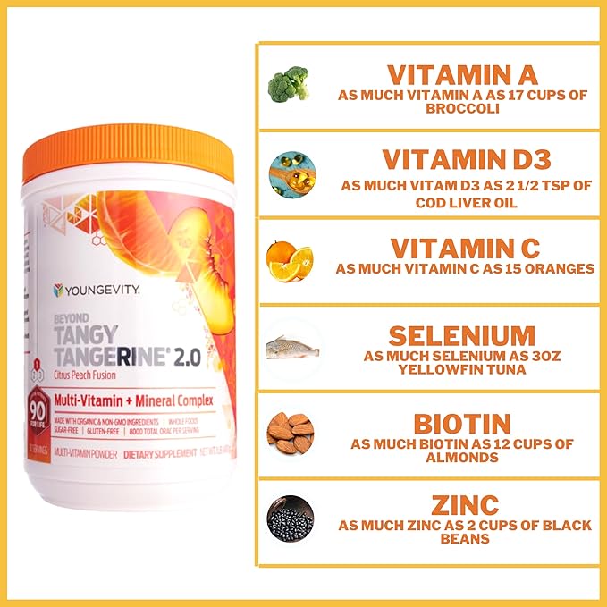 Youngevity Beyond Tangy Tangerine 2.0 Citrus Peach Fusion Multi-Vitamin &amp Mineral Complex - Made with Natural &amp Whole Foods | 8000 ORAC (6-Pack)