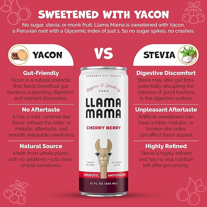Llama Mama Cherry Berry Organic Sparkling Prebiotic Soda • Gut &amp Immune Support • High Vitamin C Antioxidants • NO Sugar • NO Artificial Sweeteners • NO Stevia • Vegan Plant Fiber • 12 Pack