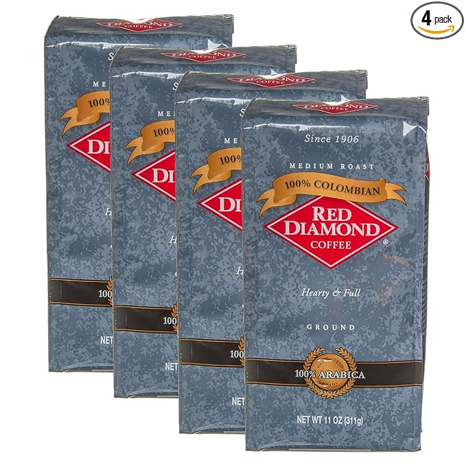 Red Diamond Ground Coffee 100% Colombian Medium Roast Premium Arabica Beans Hearty &amp Full Flavor 11 Ounce Resealable Bags (4 Pack)