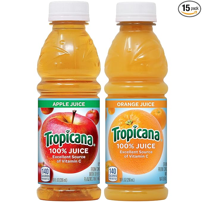 Tropicana 100% Orange &amp Apple Juice Variety Pack Single Serve 10 Fl Oz Bottles (Pack of 15) - Real Fruit Juice Vitamin C Rich No Added Sugars No Artificial Flavors