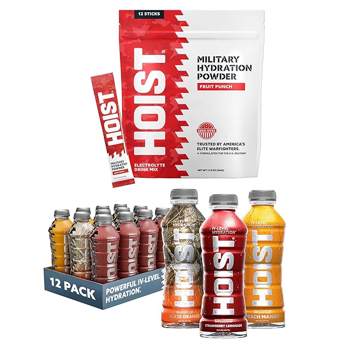 HOIST Premium Military Hydration Pack – Variety Pack 16 oz Drinks + Fruit Punch Powder Sticks – Ultimate Electrolyte Duo for Rapid Hydration &amp Performance