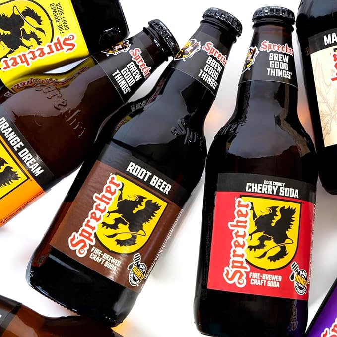 Sprecher Door County Cherry Soda in 16 fl oz Glass Bottles (12 Pack) Fire-Brewed Craft Soda Made with Real Honey and Door County Cherry Juice Caffeine-Free Cherry Soft Drink