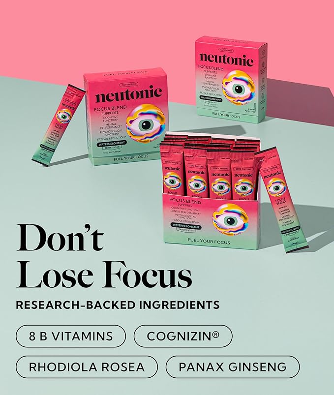 Neutonic Nootropic Focus Blend Powder | Watermelon Mint 16 Sticks | Caffeine Free Zero Sugar | Support Memory Mental Clarity Cognitive Function | Boost Focus Energy Brain Health