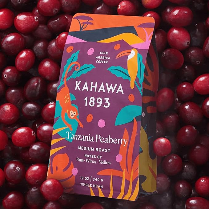 Kahawa 1893 Whole Bean Coffee Medium-Roast Tanzania Peaberry Blend 24 Oz - As Seen on Shark Tank High Antioxidants Naturally Sweet Organically Grown Ethically &amp Sustainably Sourced (Pack of 2)