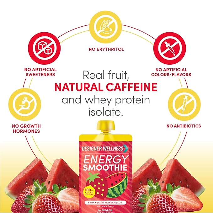 Designer Wellness Energy Smoothie Real Fruit 100mg Natural Caffeine 5g Protein Low Carb Zero Added Sugar Gluten-Free Strawberry Watermelon 12 Count