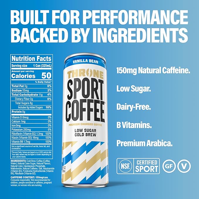 Throne Sport Coffee Cold Brew – Low Sugar. 150mg Natural Caffeine and B Vitamins – Dairy-Free Low Calorie –Premium Arabica NSF Certified Active Lifestyles – Vanilla Bean 12 Pack