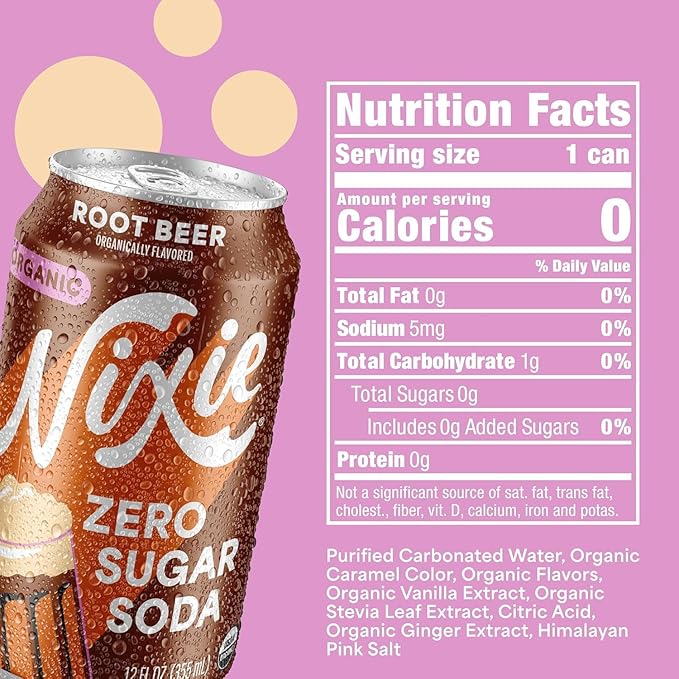 Nixie Organic Zero Sugar Soda Classic Cola &amp Root Beer 0 Sugar 0 Calories Healthy Soda Pop Non-GMO 12oz Cans (24 Pack)